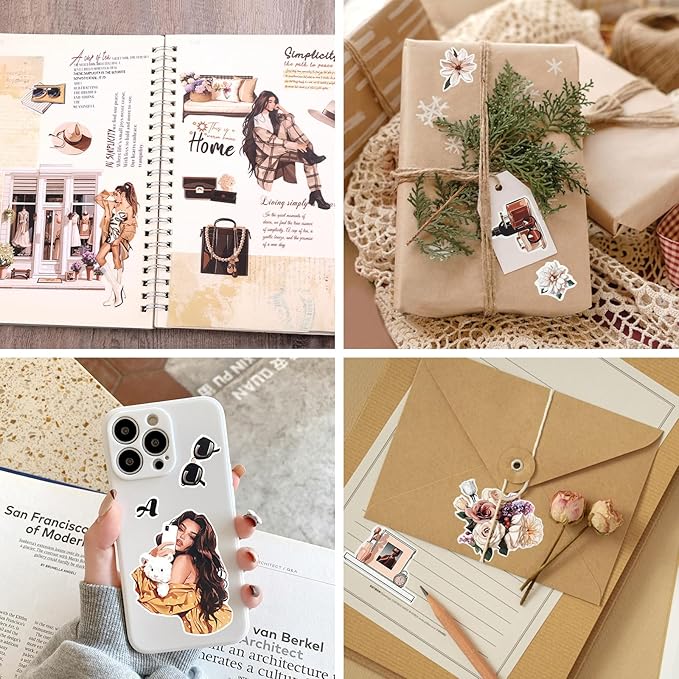 AVECMOI Casual Themed Scrapbook Stickers for Women, Aesthetic Journaling Stickers with 251 Images, Paper & PET & Washi Tape Sticker for Planners, Bullet Journal, Mixed Media Art (Brown)