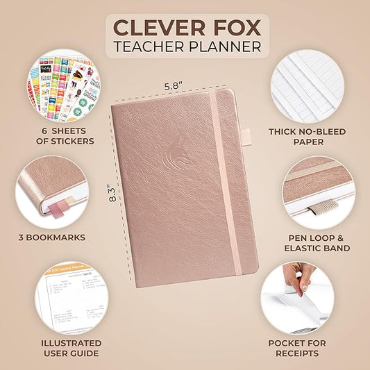 Clever Fox Teacher Planner – School Year Planner with Calendars & Lesson Plans – Teacher Plan Book for Classroom & Homeschool Organization - Undated, A5 Size, Hardcover (Rose Gold)
