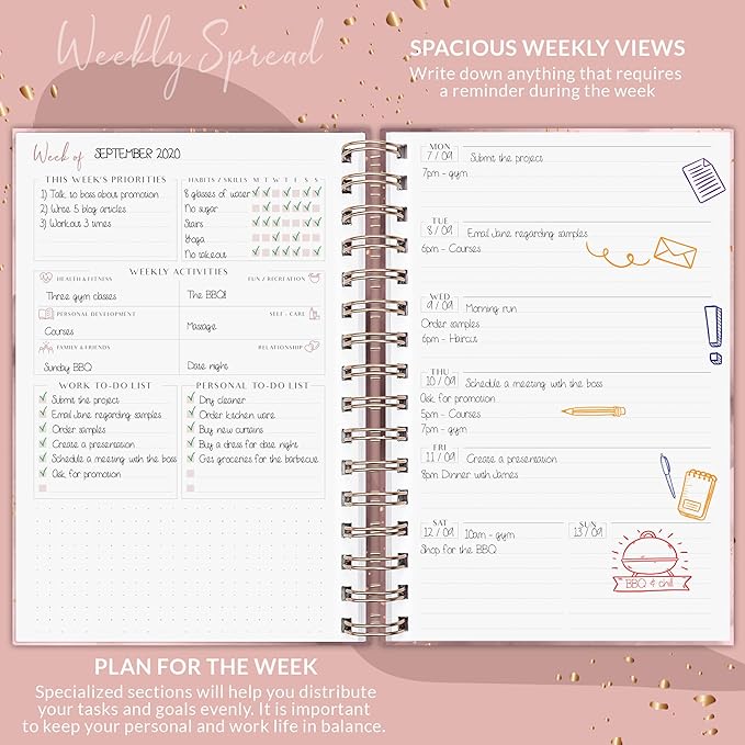 PLANBERRY Weekly Planner Premium – Undated Life Organizer & Budget Planner – Time Management, Goal Setting, To-Do List, Work-Life Balance & Habit Tracker – 6.9″ x 8.5″ (Rose Gold)