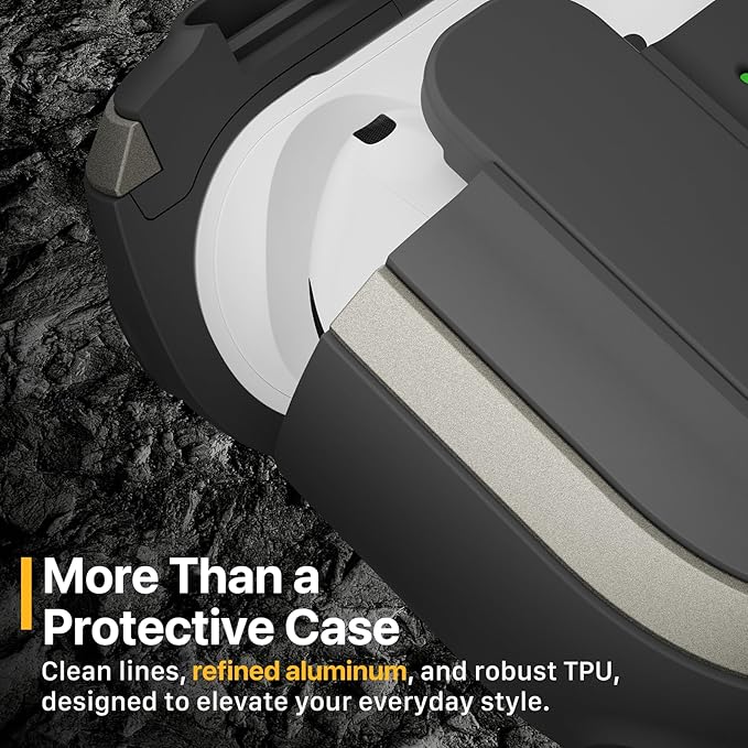 MAGEASY Design for AirPods 4 Case Cover - Rugged AirPods 4 Case with Lock | Work with Cable & Wireless Charging (Only ANC Charge Wirelessly) | Include Carabiner - Odyssey, Metal Green