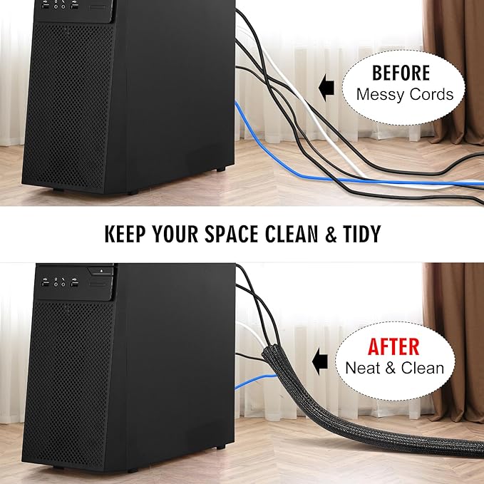 25ft -3/8 inch Cord Protector Cable Sleeve Split Wire Loom Tubing for Power Cord Audio USB Cable, Cord Sleeve Cable Management for TV Computer, Cord Protectors from Pets Chewing,Black