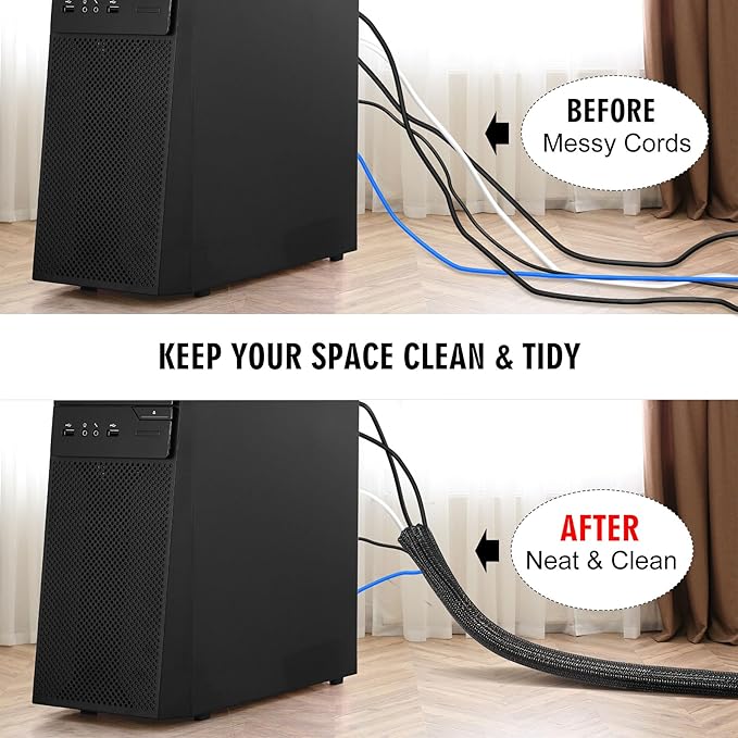 10ft - 3/4 inch Cable Protector Sleeve Split Wire Loom Tubing for Power, Audio, USB, Cord Management for TV, Computer, Protection from Pets Chewing, Black