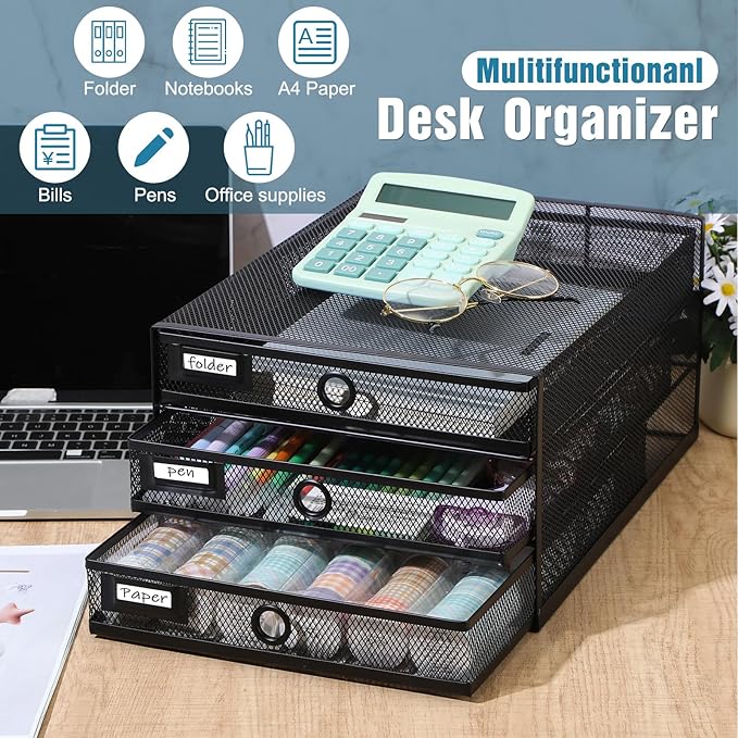 Zhanmai 2 Pcs Desk Organizer with Drawer Total 6 Tiers, Wire Mesh Organizers Tray Multifunctional Paper Sorter File Stand for Home Office Supplies Storage Letter A4 Paper Office Accessories(Black)