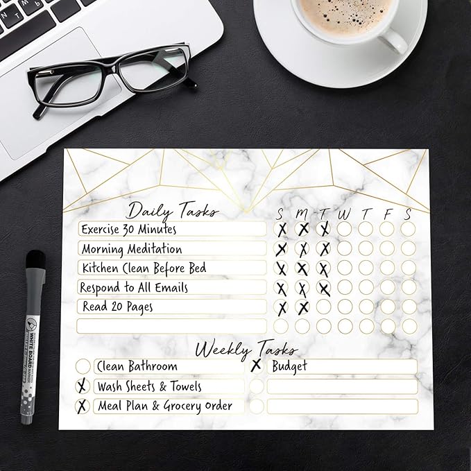 Dry Erase Whiteboard Task Planner | Removable and Restickable Adhesive Decal | Fine-Tip Magnetic Marker Included (9 x 12 inches, Marble)