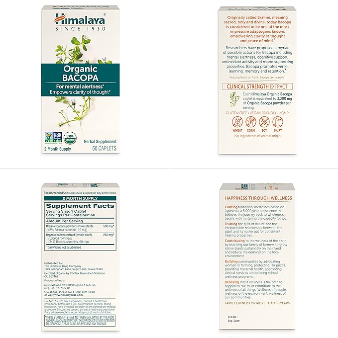 Himalaya Bacopa Monnieri Nootropic Herbal Supplement, Supports Calm, Memory, Cognition, USDA Certified Organic, Non-GMO, 750 mg, 60 Plant-Based Caplets, 60 Day Supply
