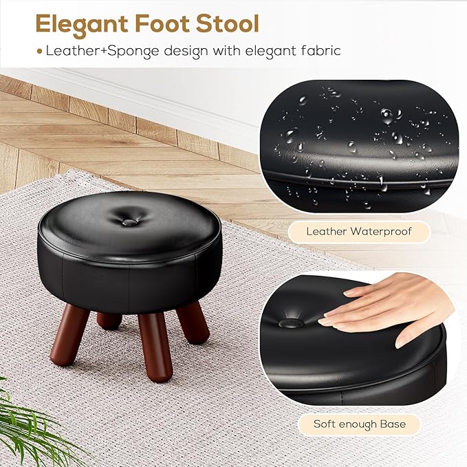 13in Small Foot Stool Ottoman, Round Faux Leather Foot Rest, Footstool Ottomans with Rubber Legs Under Desk, Footrest for Couch, Living Room, Bedroom, Office, 13''L x 13''W x 10.2''H, Black