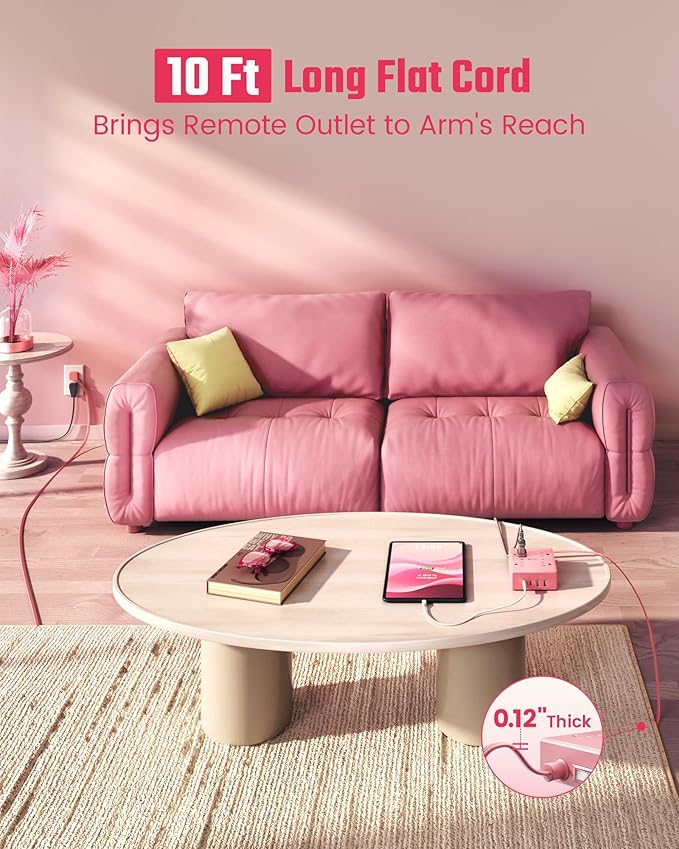 Pink Extension Cord 10Ft, Flat Plug Surge Protector Power Strip, 8 Outlets & 4 USB Ports (2 USB C), Cute Stuff Pink Room Decor, Home Office Kawaii Desk Accessories for Girls