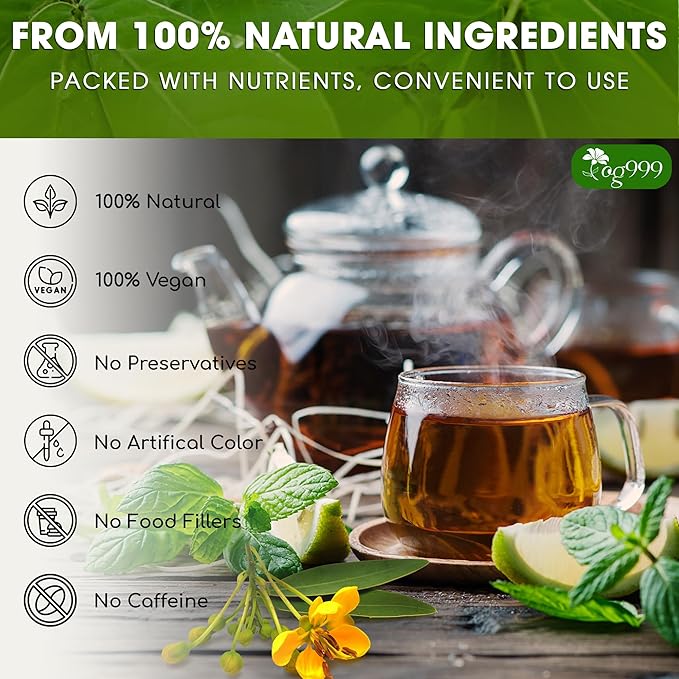 TOG999 100 Tea Bags Relieves Constipation Natural Tea, Blend of Senna Leaves - Peppermint - Licorice - Fennel, 100% Natural Ingrendients, Hand-made Herbal Tea, No Sugar, No Caffeine, No Gluten, Vegan.