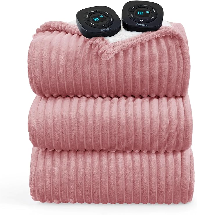 Bedsure GentleSoft Electric Blanket King Size - Soft Ribbed Flannel Heated Blanket with Dual Control, Heating with 10 Heat Settings, 10 Time Settings, 8 hrs Timer Auto Shut Off (90"x100", Bridal Rose)