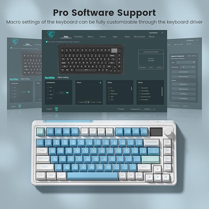 CMK75 Mechanical Keyboard: 75% Layout w/TFT Color Screen & Knob | Tri-Mode Wireless (2.4G/Bluetooth/Wired) | Hot-Swappable | Programmable | PBT Keycaps