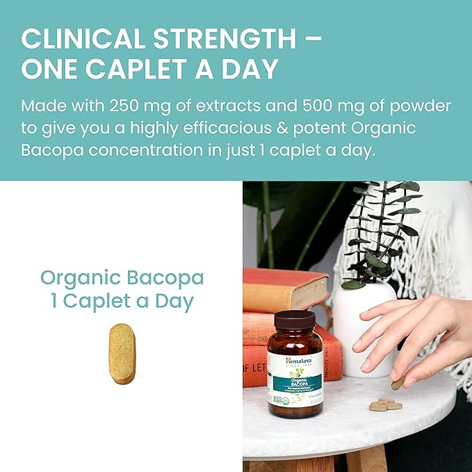 Himalaya Organic Bacopa - Bacopa Monnieri Herbal Brain Supplements for Memory and Focus Support - USDA Organic, Vegan, Non-GMO, Gluten Free, 750 mg, 30 Caplets