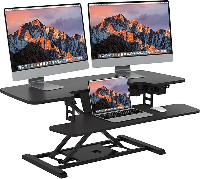 SANODESK 40" Electric Standing Desk Converter， Height Adjustable Riser for Office Home,Dual Monitor and Laptop Workstation with Large Keyboard Tray,Black Color