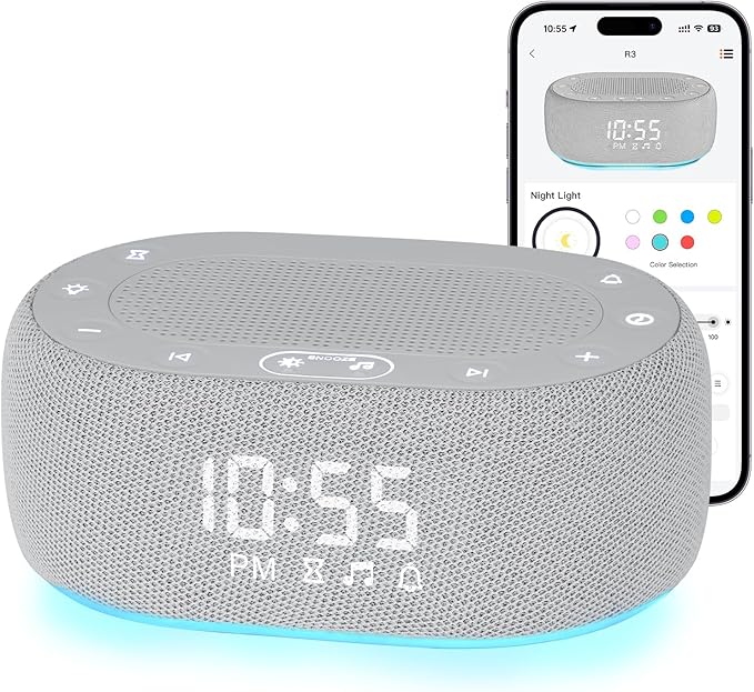 1Mii White Noise Sound Machine for Sleep, Pink Noise Machine for Baby Adults Sleeping, 18 Soothing Sounds with 7-Color Night Light, Timer, Alarm Clock, Volume Control, Remote App Control - Grey
