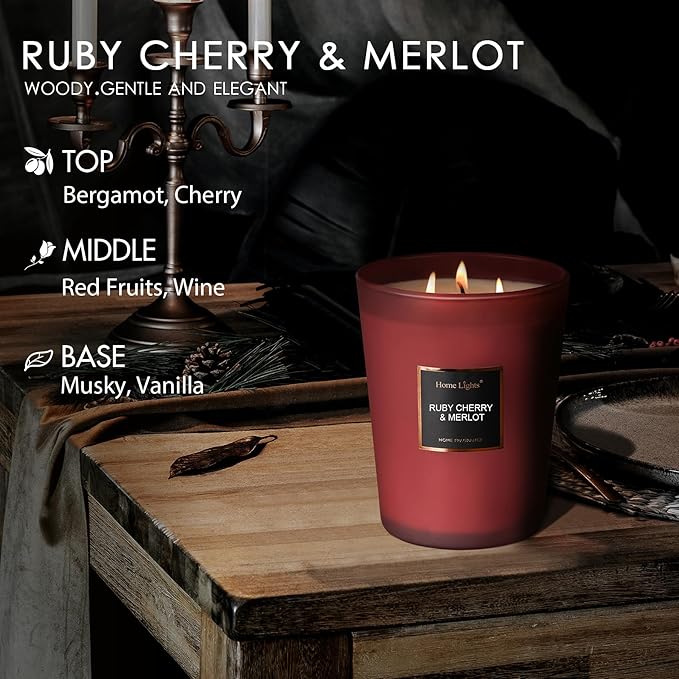 HomeLights Scented Candles - Large Jar Aromatherapy, Natural Soy Wax, 130 Hour Long Burning, Ruby Cherry & Merlot