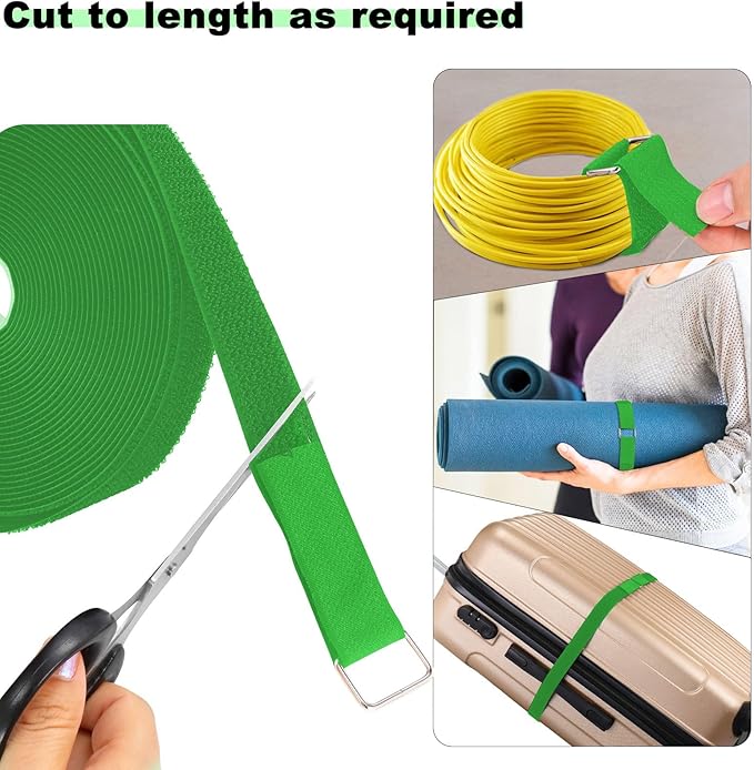 1"x16ft Hook and Loop Straps with 25 Metal Buckles, Adjustable Fastening Cable Straps, Cut-to-Length Cinch Strap, Reusable Nylon Securing Cord Ties for Organizer or Storage, 1 inch Wide,Green