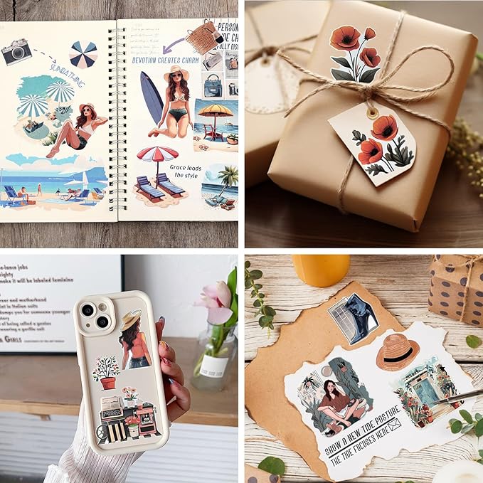 AVECMOI Summer Vacation Stickers for Women, PET & Paper Holiday Sticker Book with 203 Images for Travel Journal, Planner, Scrapbooking, Themed Album, A5