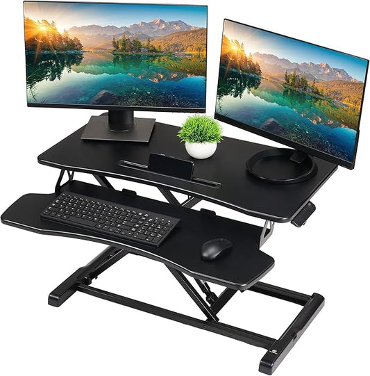 TechOrbits Standing Desk Converter-32-inch Height Adjustable, MDF Wood, Sit Riser-Black, 32"