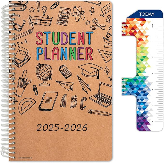 Global Datebooks Dated Middle School or High School Student Planner for Academic Year 2025-2026 Includes Ruler/Bookmark and Planning Stickers (Block Style - 5.5"x8.5" - Kraft Doodles)