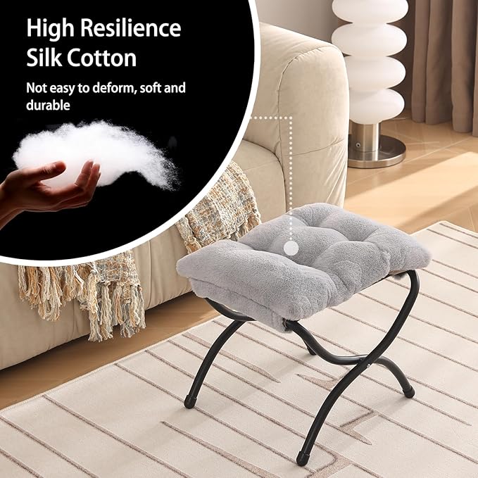 Welnow Folding Foot Stool, Upholstered Small Accent Ottoman with Detachable Thick Cotton Cushion Padded Sofa Stool and Metal Frame for Lazy Chair, Living Room, Bedroom, Plush Grey