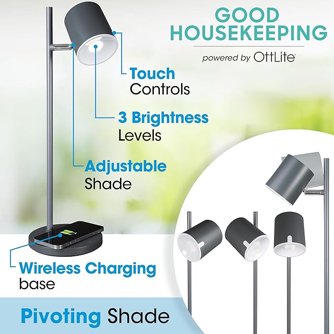 OttLite LED Desk Lamp with Wireless Charger, Good Housekeeping, Modern Book Light, Reading Light, Adjustable, Dimmable, Designed to Reduce Eyestrain, Great Desk Lamps for Home Office