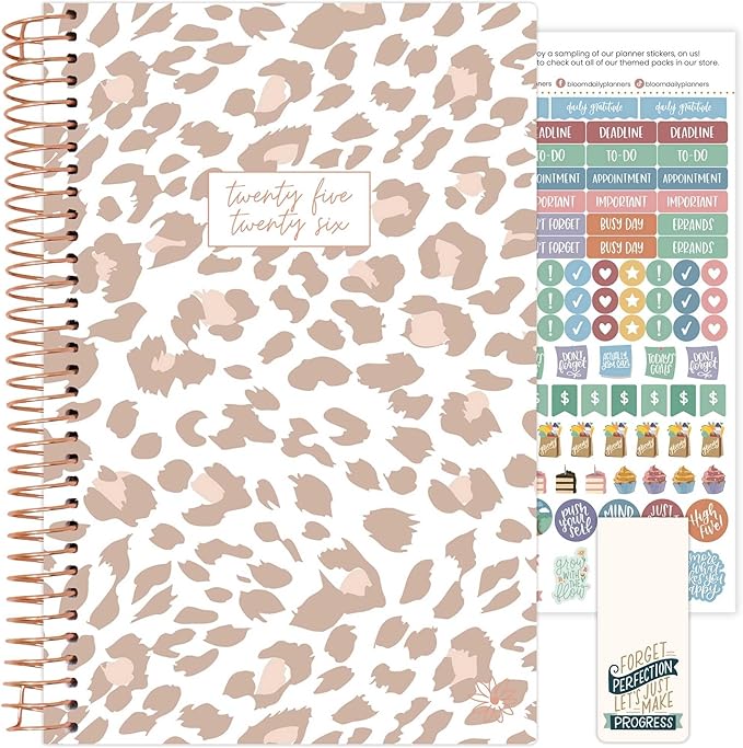 bloom daily planners 2025-2026 Academic Year Daily Planner (July 2025 - July 2026) - A5 Weekly & Monthly Calendar Agenda Organizer Book with Stickers - 5.5" x 8.25" - Tan Leopard