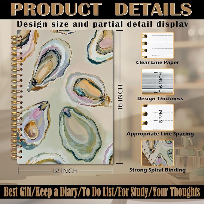 Oyster Gifts Spiral Notebook 5.5x8.3, Coastal Beach Oyster Shell Journal, Ocean Journal Gifts, Beach Notebooks for Note Taking