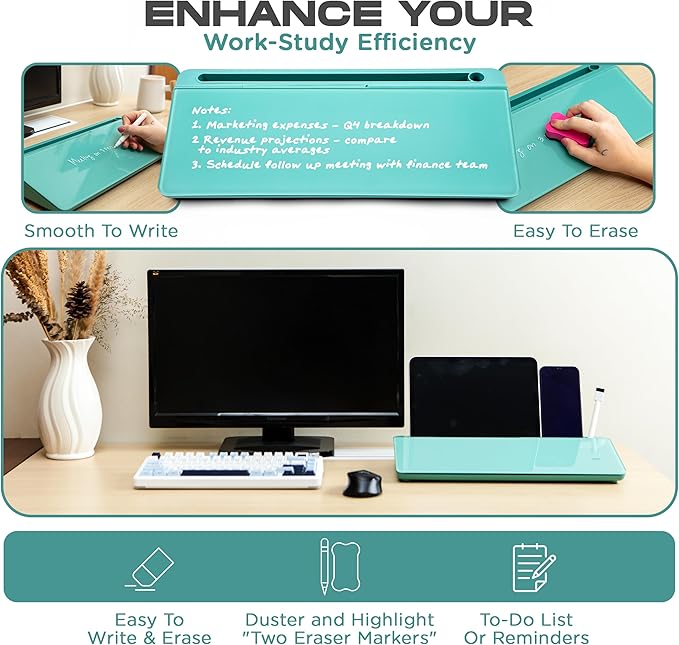 Glass Desktop Whiteboard for Quick Notes & Reminder – Desk Storage with Drawer – Compact Desk Organizer Whiteboard – Small Dry Erase Board - Desktop Accessories for Home Office (Turquoise)