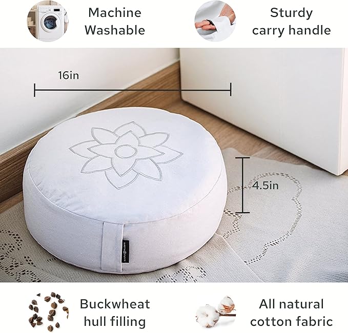 Mindful & Modern Large Meditation Cushion | Zafu Yoga Bolster Meditation Floor Pillow Seat | Buckwheat Hull Filled Crescent Shaped Cushion with Removable Washable Cover + Carry Handle