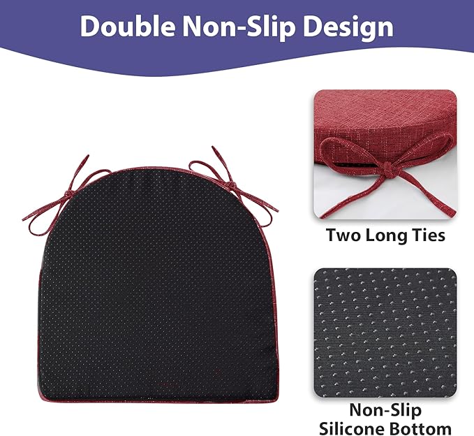 Chair Cushions for Dining Chairs with Ties and Removable Cover, Dining Kitchen Chair Pads with Non-Slip Bottom, High-Resilience Indoor Seat Cushions, 16'' x 16'' x 2'', Set of 2, Red