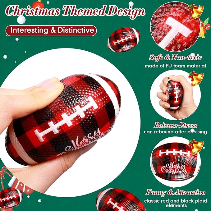 Jerify 24 Pcs Christmas Stress Ball Bulk, Mini Christmas Foam Football 3.35" Small Red Black Buffalo Plaid Relief Stress Ball for Xmas Carnival Party Favors Stocking Stuffer Filler Gifts