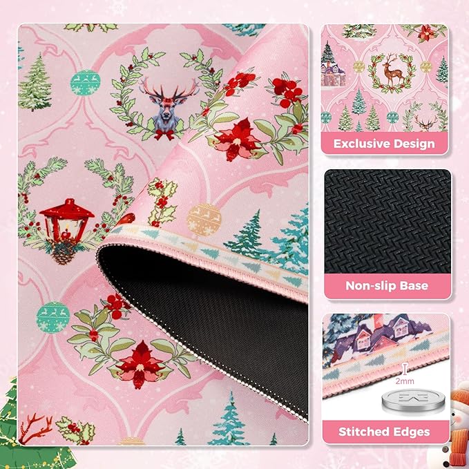 iCasso Christmas Desk Mat, Pastel Pink Mouse Pad, Desk Protector Mat, Extra Large Office Matt for Desktop, Anti-Slip XXL Big Mousepad with Stitched Edges for Computer Keyboard
