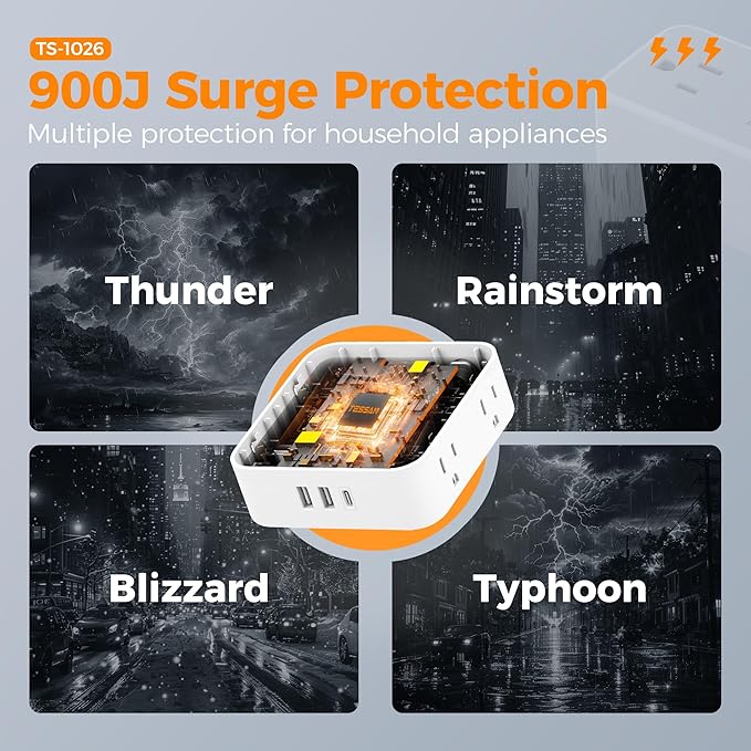 Extension Cord with Multiple Outlets, TESSAN 10 FT Surge Protector Power Strip Flat Plug, 8 AC Outlets, 900J 3 USB Ports (1 USB C), Desk Charging Station with Protection for Home, Office, Dorm Room