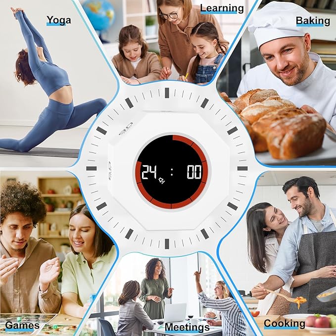 Octagon Digital Productivity Timer, Rotating Pomodoro Timer with Gravireceptor 1-3-5-15-30-60-90 Min Countdown, Mute&Adjustable Volume Countup/Down Timer for Study Office Kitchen Desk, White