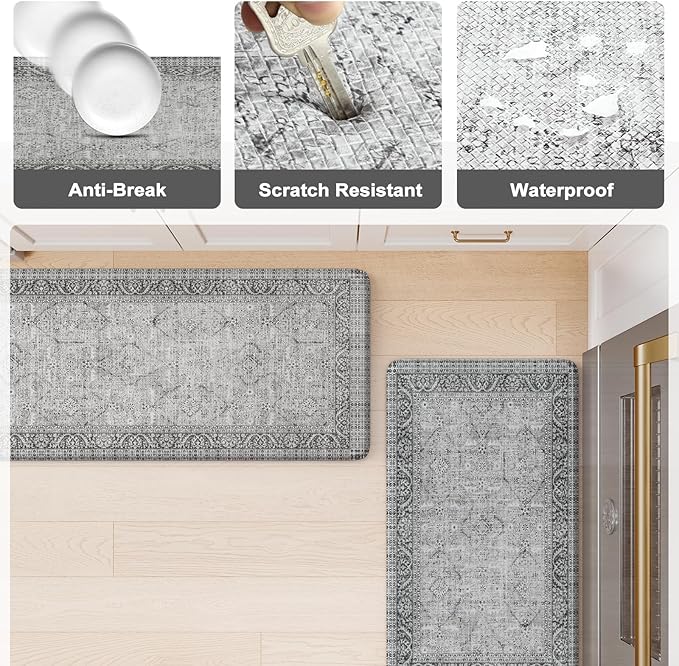 KIMODE Anti Fatigue Kitchen Mat, Cushioned Farmhouse Kitchen Runner Rug, Non Slip Waterproof Kitchen Mat for Floor, Comfort Foam Standing Desk Mat for Laundry, Office, Sink Grey 17.3"x59"