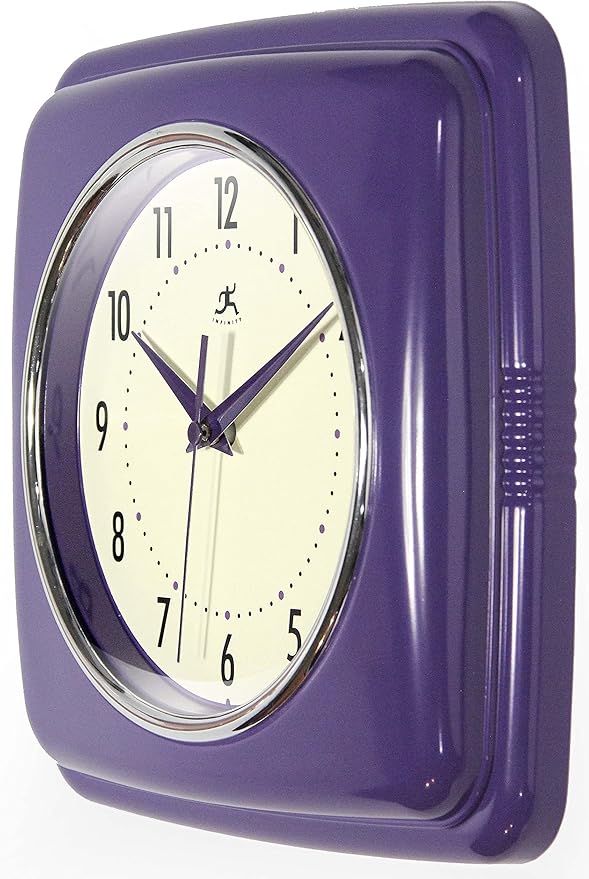 Infinity Instruments Retro Wall Clock - 9 Inch Square Clock - Silent Non-Ticking Mid Century Modern - Kitchen Clock Office Clock Diner Wall Clock - Vintage Wall Clock Decorative - Purple