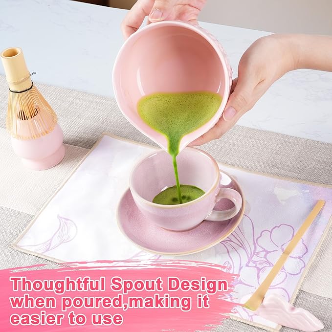 Matcha Whisk Set, Matcha Set 7 Pcs, Ceramic Matcha Bowl with Spout, Bamboo Chasen Whisk & Holder, Scoop, Sifter, Tea Towel, Ideal Gift Christmas, Birthday(Pink)
