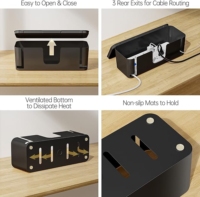 YECAYE 2 Pack Cable Management Box, Pet Friendly Cable Box Organizer for Home & Office, Child-Proof Floor Cord Cover, Cord Management and Cord Hider, Black