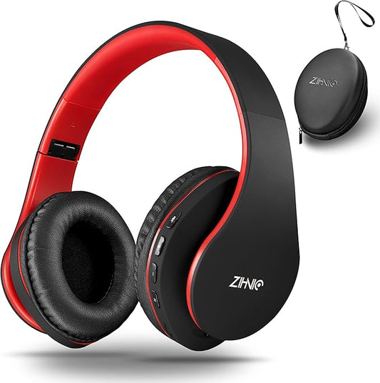ZIHNIC Bluetooth Headphones Over-Ear, Foldable Wireless and Wired Stereo Headset Micro SD/TF, FM for Cell Phone,PC,Soft Earmuffs &Light Weight for Prolonged Wearing (Black/red)