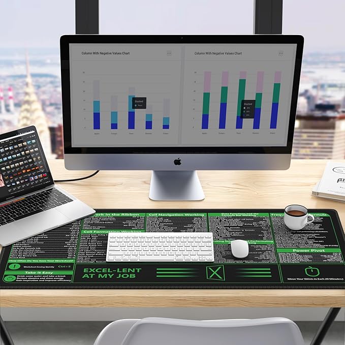 iCasso Excel Cheat Sheet Desk Pad, Excel Mouse Pad Shortcuts, Excell Short Cut Desk Mat, Extended Large XXL Non-Slip Exel Mousepad with Stitched Edges for Computer Keyboard