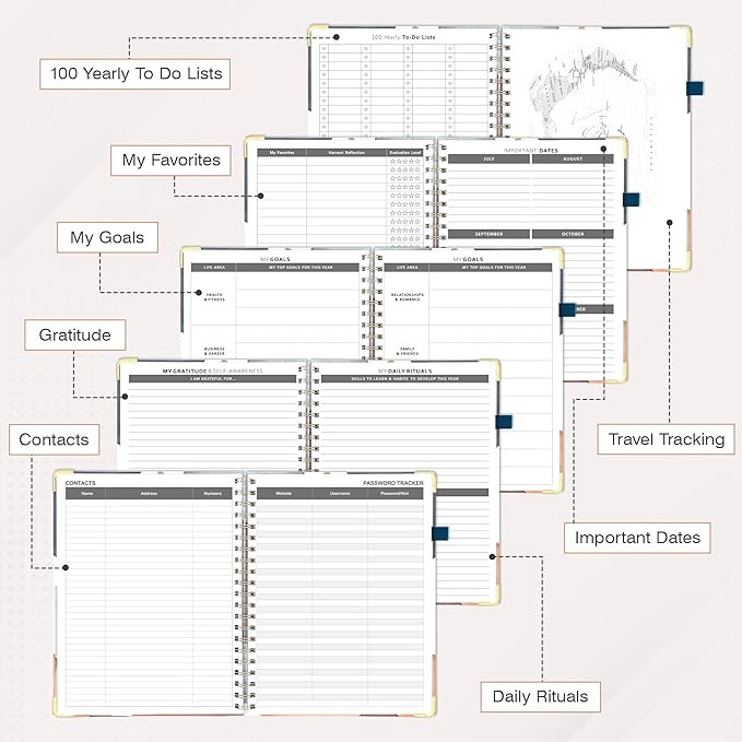 Ospelelf Daily Calendar Planner Undated Spiral Binding Weekly Monthly Hardcover Planners with Stickers 12 Months Productivity Agenda Journey Letter Size Brown