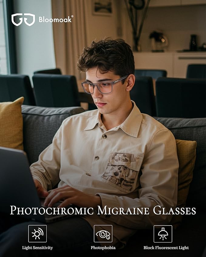 Bloomoak Rose Tinted Photochromic for Indoor/Outdoor UV 400/Migraine Relief Glasses for Fluorescent LED Glare/Photophobia