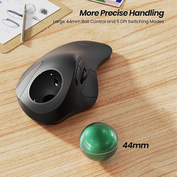 Nulea Wireless Ergonomic Trackball Mouse, Rechargeable, Bluetooth Rollerball Mouse, 44mm Index Finger Trackball, 5 Adjustable DPI, Compatible with PC, Laptop, iPad, Mac, Windows, Android