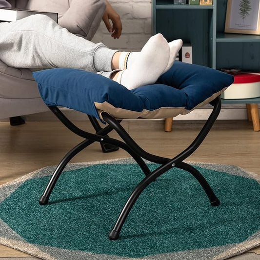 HollyHOME 15"(H) Folding Footrest Stool, Upholstered Small Foldable Ottoman, Accent Padded Sofa Foot Stool for Lazy Chair, Metal Frame Portable Foot Rest Ottoman for Living Room, Bedroom, Royal Blue