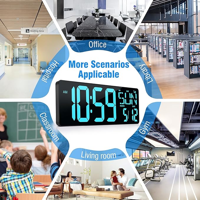 TXL 17.2" Large Digital Wall Clock Bluetooth Sync Time, LED Wall Clock with Date and Temperature, Count Up/Down Timer Clock with Remote Control, Adjustable Brightness Alarm Clock