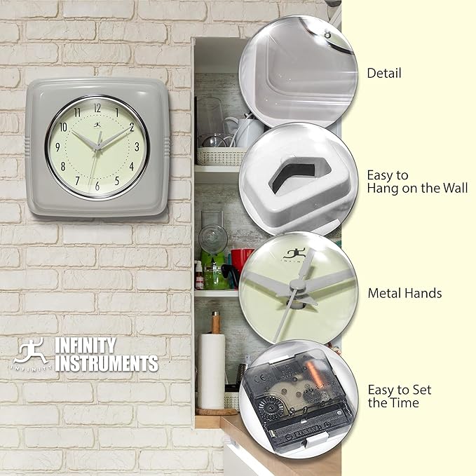 Infinity Instruments Square Retro Wall Clock, Stone Grey, 9.25"