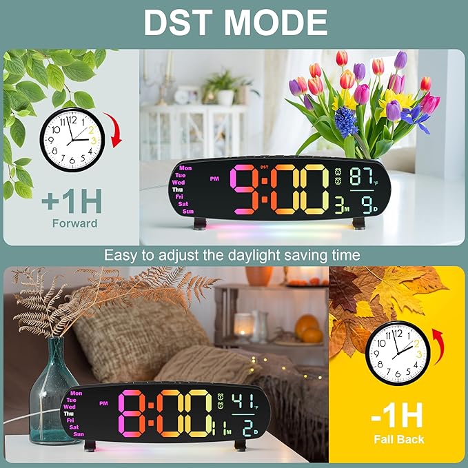 Large Digital Wall Clock, Desk Clock with Date Temperature, 11 RGB Colors, 10 Night Lights, Dual Alarm, Auto Dimming, Timer, 13.7" Digital Clock for Classroom, Bedroom, Living Room