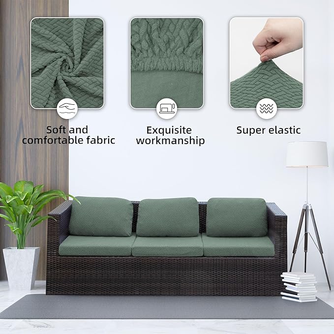 8Pcs Stretch Patio Cushion Cover Outdoor Cushion Cover Replacement Slipcovers Outdoor Cushion Covers Thick Jacquard Textured Twill Fabric Porch Patio Furniture Protector(Green，Cover，Only)