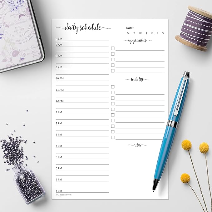 321Done Daily Schedule Planning Notepad - 50 Sheets (5.5x8.5) – Hourly Appointment Daily Planner To Do Checklist Tear-Off Note Pad - Made in USA - Simple Script Half-Letter Small Size