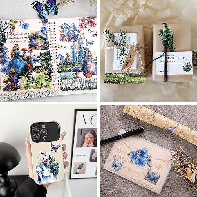 AVECMOI Alice in Wonderland Scrapbooking Sticker Book for Girls, 234 Vintage Fantasy Junk Journaling Stickers, Cute Mystery Sticker Set for Gifts, Party Favor, Card Making, Craft Supplies (Blue)