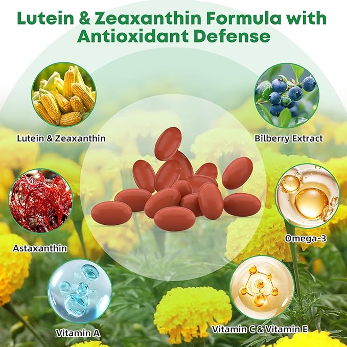 Lutein and Zeaxanthin Supplement, Lutein Eyes Vitamins Support Vision Clarity Macular Health Dry Eye Comfort Blue Light with Bilberry Extract Omega 3 Zinc and Vitamins C & E for Adults